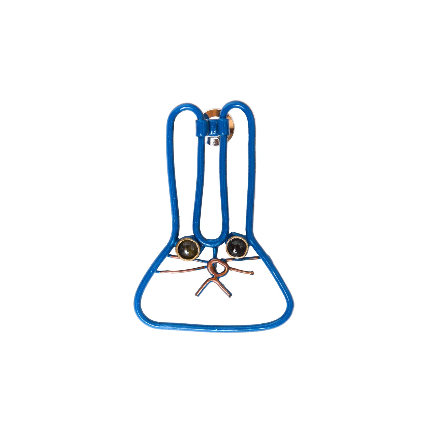 Blue wire brooch of a bunny on a white background