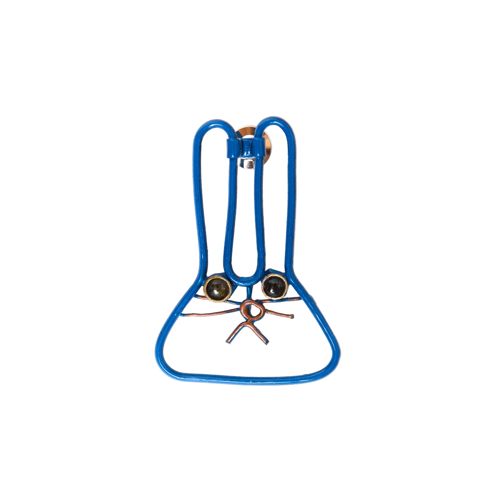 Blue wire brooch of a bunny on a white background