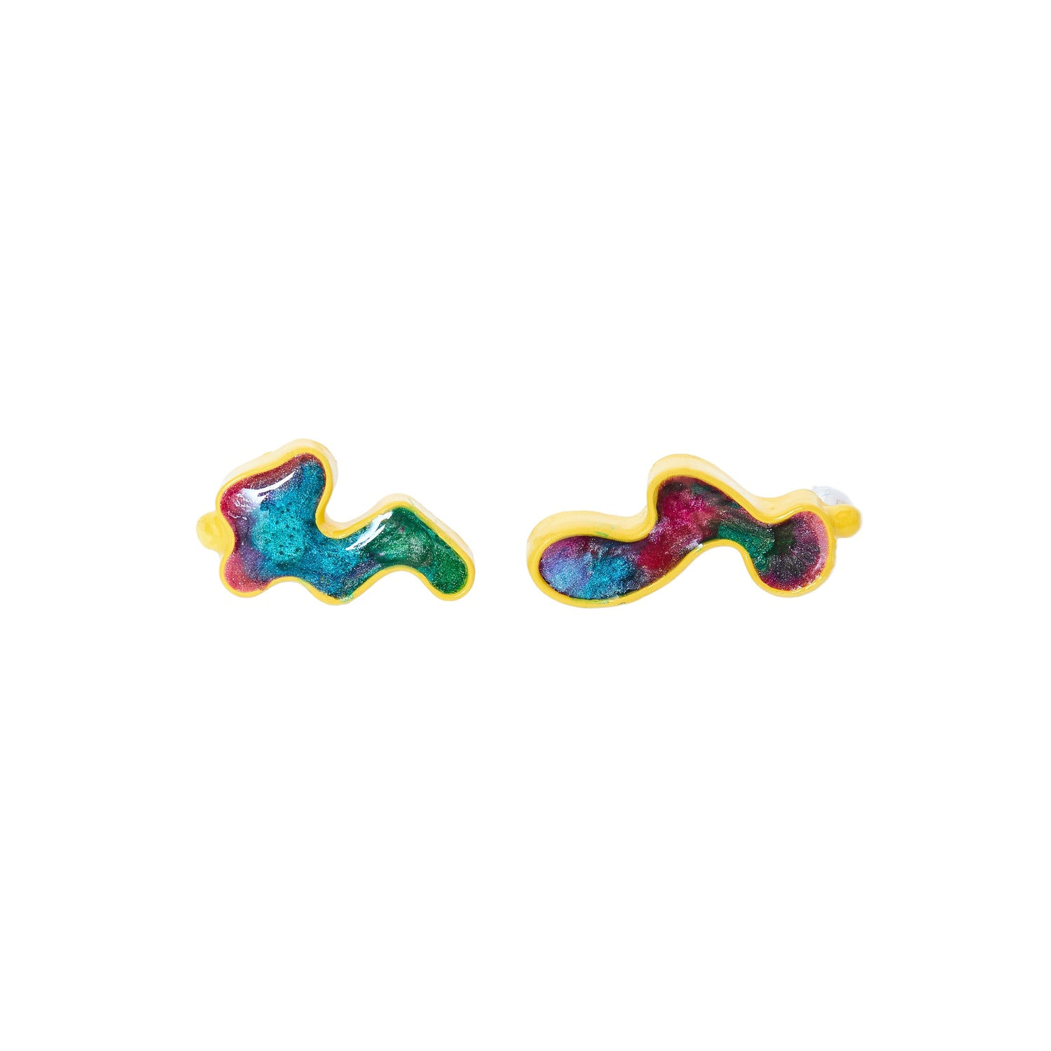 Pair of colorful abstract earrings on a white background