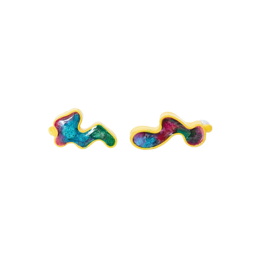 Pair of colorful abstract earrings on a white background