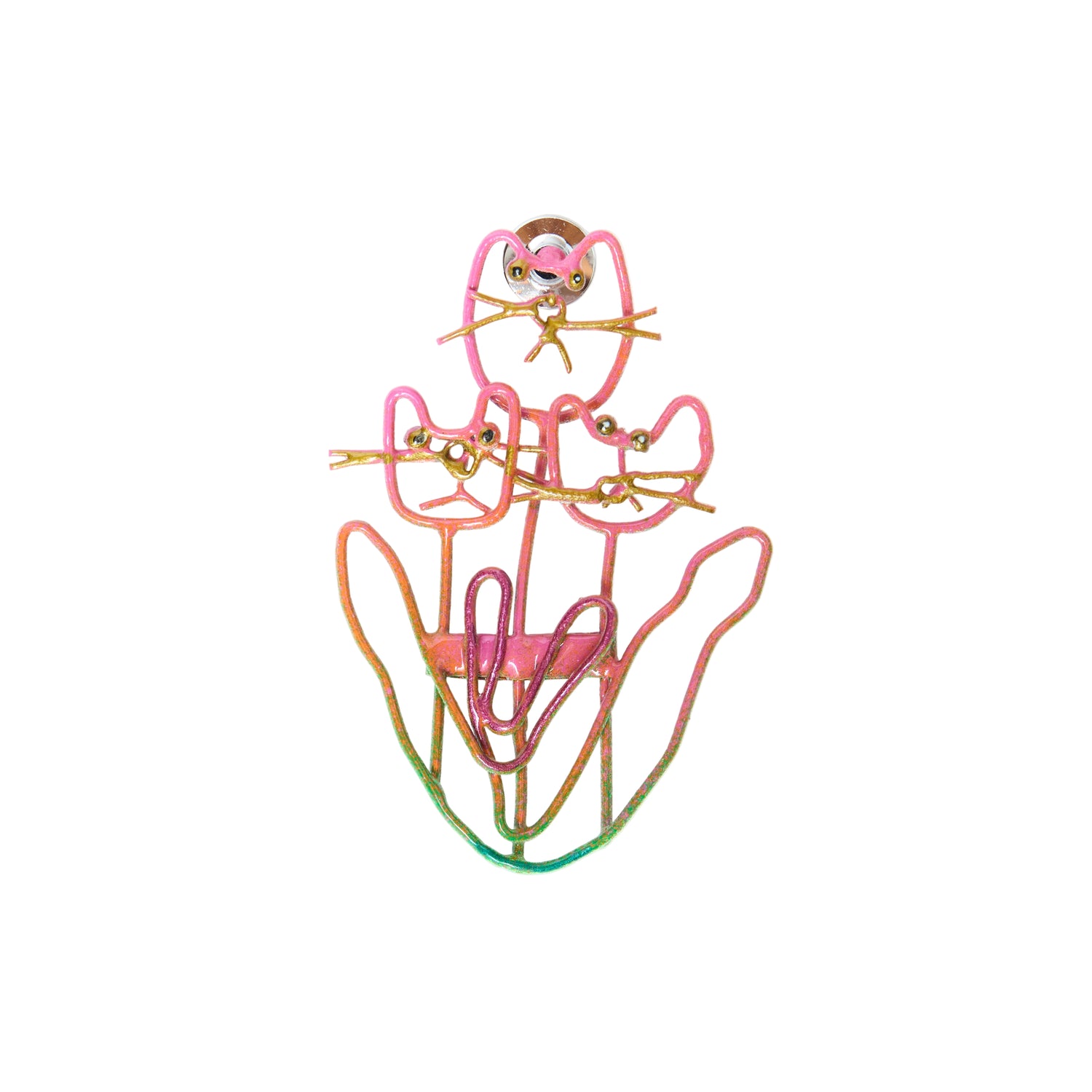 Colorful brooch of cats made out of wire pictured on a white backdrop.