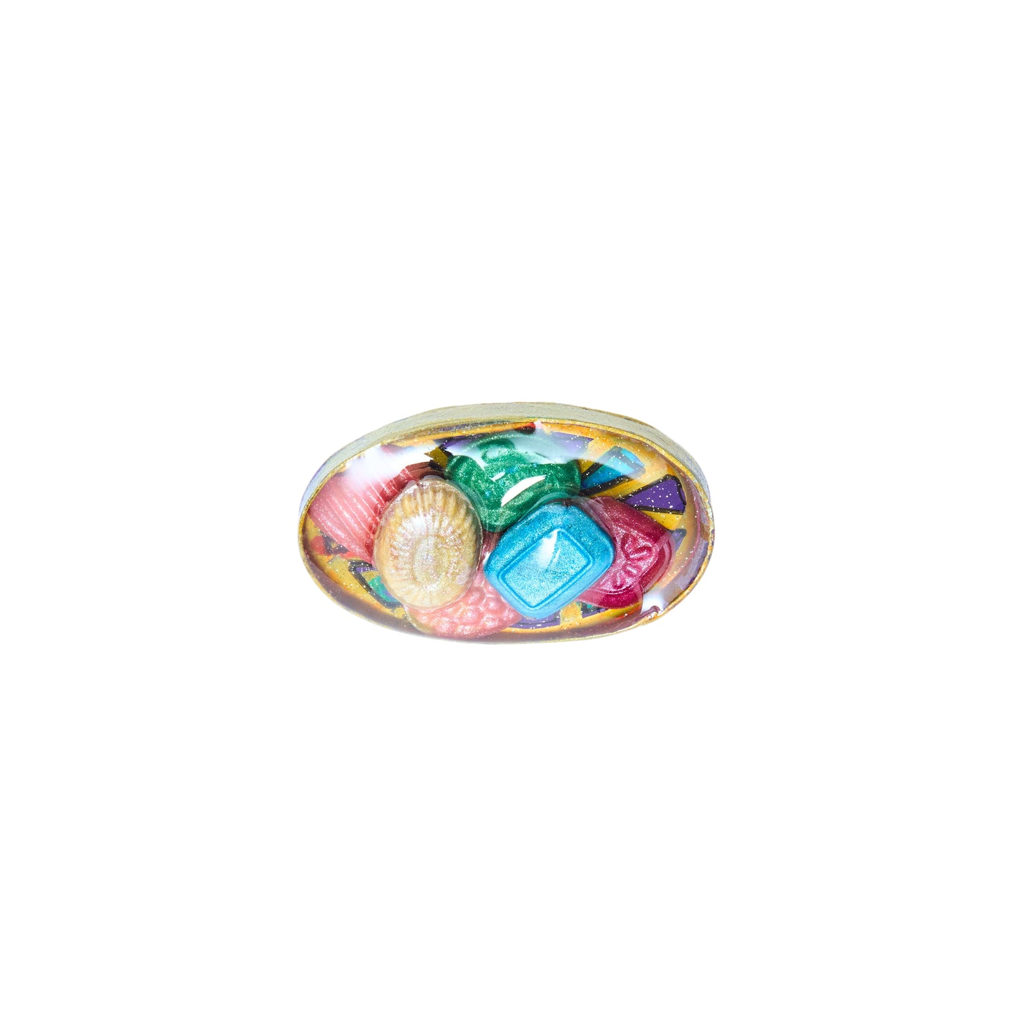 Colorful brooch that looks like a bowl of candy pictured on a white background
